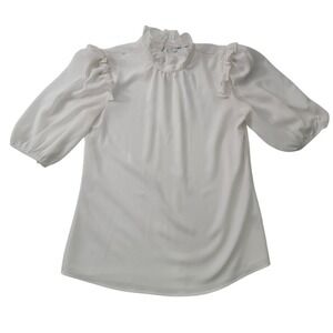 Calvin Klein Ruffle Mock Neck Blouse Puff Sleeve White Top S‎